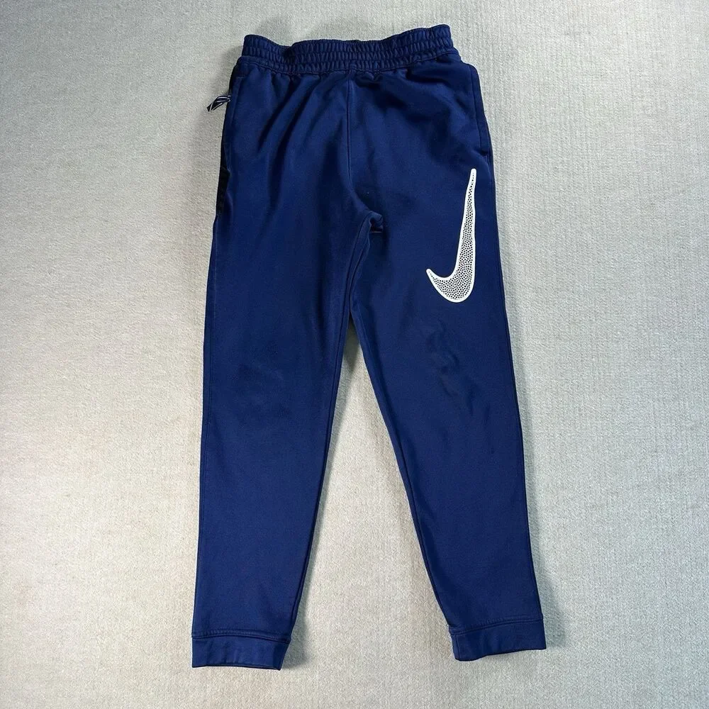 Nike Dri-Fit Boys M Blue Big Swoosh Fleece Lined Joggers Sweat Pants Zip Pocket